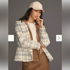 Anthropologie Plaid Tweed Hooded Blazer